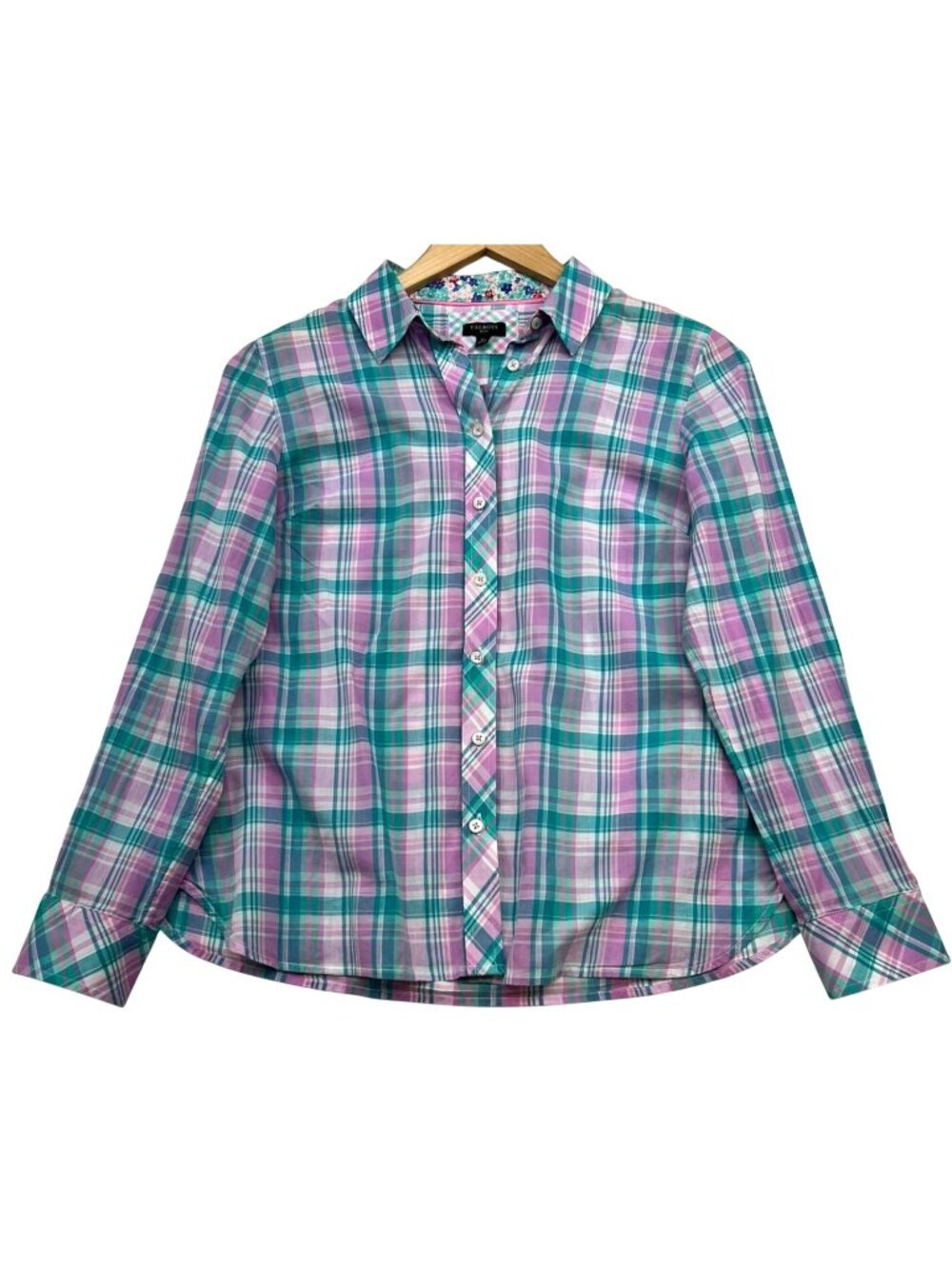Talbots Women's Cotton Button-Up Shirt Long Sleeve Size SP Pink Turquoise Plaid